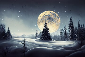 Wall Mural - Winter night scene. Winter in the forest, a house in the mountains. Forest winter fairy tale. Dark night forest, big moon and snow, snowdrifts. Waiting for a Christmas miracle.