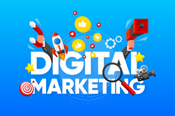 Poster - Digital Marketing. Chart with keywords and objects from sfere marketing. Vector illustration.