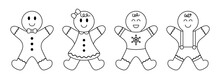 Collection Of Outline Gingerbread Man And Woman Biscuit. Christmas Line Cookie On White Background. Vector Illustration.
