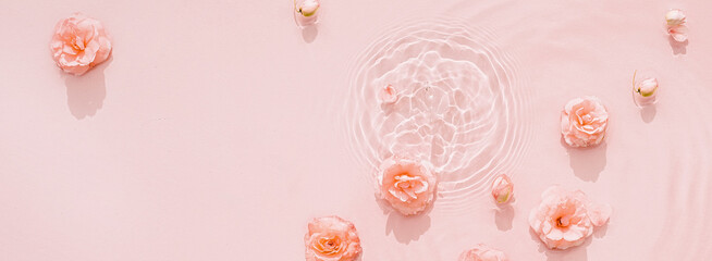 Wall Mural - Pink aquatic, transparent water texture with ripples and drops and pink flowers. Water background