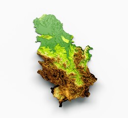 Sticker - 3d illustration of Serbia Map Shaded relief Color Height map on the sea Blue Background