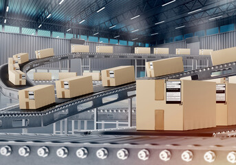 Poster - Production line with boxes. Distribution warehouse of delivery service. Hangar with conveyor for sorting parcels. Industrial building with automated equipment. Conveyor line inside factory. 3d image.