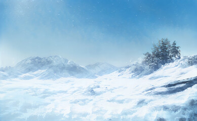 Sticker - Christmas Fantastic Winter Epic Landscape of Mountains. Celtic Medieval forest. Frozen nature. Glacier in the mountains. Mystic Valley. Artwork sketch. Gaming RPG background. Game asset.  