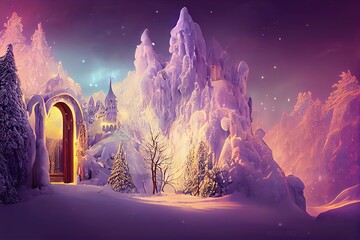Wall Mural - Magical portal on winter landscape, fairy tale background with ice crystal door, mirror or gate with fantasy castle, snowy landscape with glowing entrance on rock under cloudy gray sky 