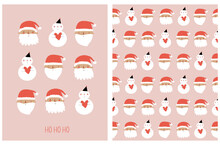 Cute Winter Holidays Vector Illustration And Seamless Pattern With Happy Santa Claus And Snowman On A Light Pink Background. Hand Drawn Christmas Print With Funny Santa And Handwritten "ho Ho Ho".