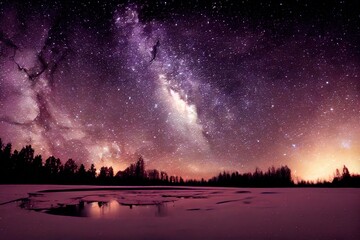 Frozen pond in winter at night with the milky way and stars