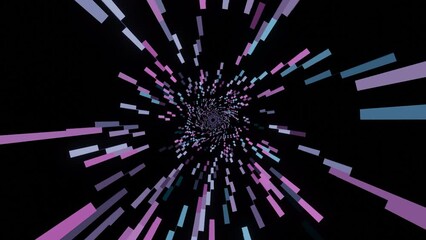 Poster - Dark background. Design. Purple and red lines creating patterns in the form of a tunnel disappear and appear in 3D graphics.