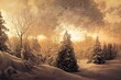 Landscape of wooden decoration in the snow, imaginative scene for Christmas and winter