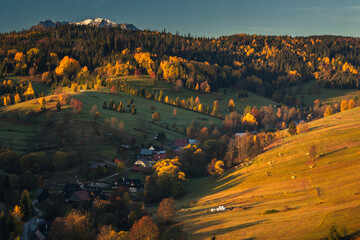 Autumn views near the village of Osturnia in Slovakia. Colorful trees harmonize beautifully with the Tatra Mountains in the background.