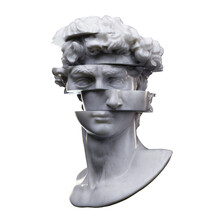Abstract Digital Illustration From 3D Rendering Of White Marble Classical Bust Sliced In Multiple Dislocated Pieces And Isolated On Background.