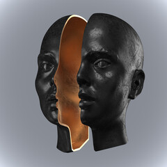 abstract concept illustration from 3d rendering of a distressed black metal female head sculpture cu