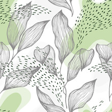 Sketch Style Doodle Line Texture Leaves Over Stains And Dots Seamless Vector Pattern Organic Design.
