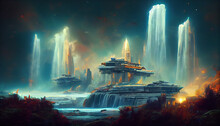 A Beautiful Futuristic Landscape Between Mountains And Waterfalls, Science Fiction