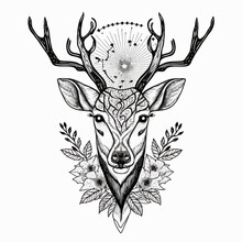 Vector Illustration Of Black Deer Head With Flowers On White Background
