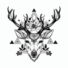 Vector Illustration Of Black Deer Head With Flowers And Triangle Shapes On White Background