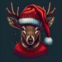 AI-generated Christmas Deer With Red Hat And Sweater On Dark Blue Background