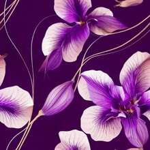 Seamless 3D Illustration Pattern Of Beautiful Flowers Against The Purple Background