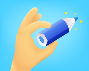 Aufkleber - Cute cartoon human hand holding blue crayon. 3d vector illustration