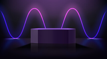 Poster - Dark room with waving glowing neon and podium. 3d vector showcase for display products
