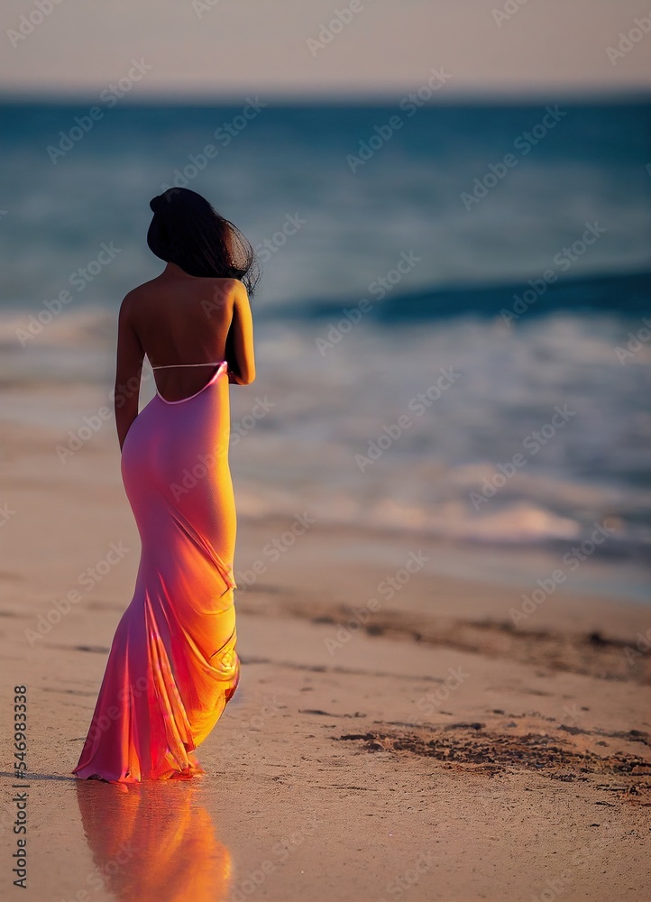 Tan dark hair woman in beautiful evening dress walking on the beach. Back view fit body and ocean in the background. Stock Illustration | Adobe Stock Tan dark hair woman in beautiful evening dress walking on the beach. Back view fit body and ocean in the background. Stock Illustration | Adobe Stock