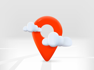 Poster - Red navigation pin with road map and clouds. 3d vector isolated illustration