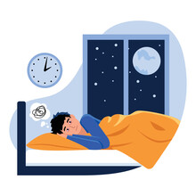 Vector Illustration Of Insomnia. Depression. Cartoon Scene With A Guy Who Cant Sleep At Night On White Background.