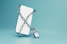 Prohibition On The Use Of The Phone. Smartphone Enclosed In Iron Chains With Padlock. 3D Render