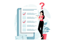 Online Survey Concept With People Scene In Flat Design. Woman Thinking And Choosing Answers For Questions In Digital Questionnaire Using App. Illustration With Character Situation For Web
