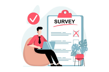 Leinwandbilder - Online survey concept with people scene in flat design. Man participates in marketing research and answers questions in digital questionnaire. Illustration with character situation for web