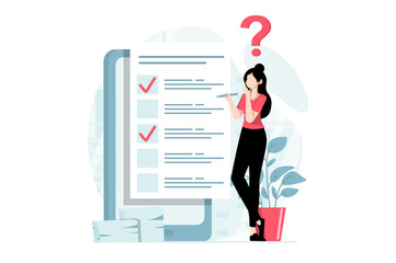 Fototapete - Online survey concept with people scene in flat design. Woman thinking and choosing answers for questions in digital questionnaire using app. Illustration with character situation for web