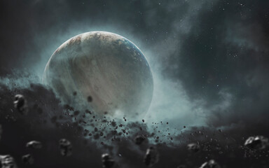 Wall Mural - 3D illustration of Jupiter asteroid field. 5K realistic science fiction art. Elements of image provided by Nasa