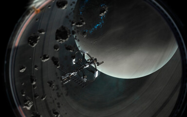 Wall Mural - 3d illustration of space station orbiting saturn. 5k realistic science fiction art. elements of imag