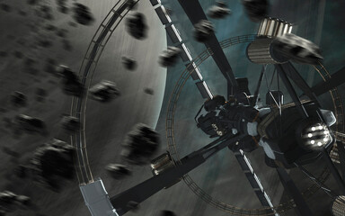 Wall Mural - 3d illustration of space station orbiting saturn. 5k realistic science fiction art. elements of imag