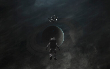 Wall Mural - 3d illustration of space station and astronaut orbiting saturn. 5k realistic science fiction art. el
