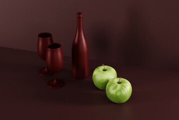 Canvas Print - Wine glasses and a bottle of wine on a red dark background. The concept of still life, the use of glasses, wine. 3D render, 3D illustration.