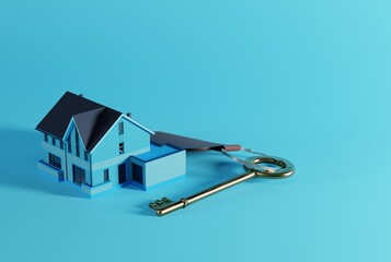 Poster - Home key on the background of the house and blue background. The concept of buying an apartment, getting your first apartment. 3D render, 3D illustration.