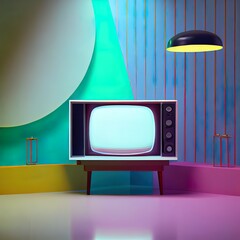 Poster - 3d rendering, Scene of television cartoon mock up with blank empty space, setting on colorful room and lighting background.