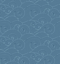 Sea Wave Seamless Pattern. Vector Wavy Deep Teal Navy Blue Wallpaper Design. Ocean Waves Like Art Illustration.