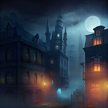 Dark Fantasy Architectural Landscape. Night Landscape With Fog, Night View, Street. Dramatic Night Scene. Smoke, Smog, Moonlight. Cold. 3D Illustration.