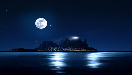 Wall Mural - big moon on night starry sky at sea mountains on horizon nature background