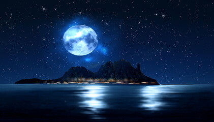 Wall Mural - big moon on night starry sky at sea mountains on horizon nature background
