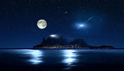 Wall Mural - big moon on night starry sky at sea mountains on horizon nature background