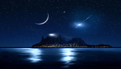 Wall Mural - big moon on night starry sky at sea mountains on horizon nature background