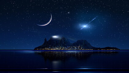 Wall Mural - big moon on night starry sky at sea mountains on horizon nature background
