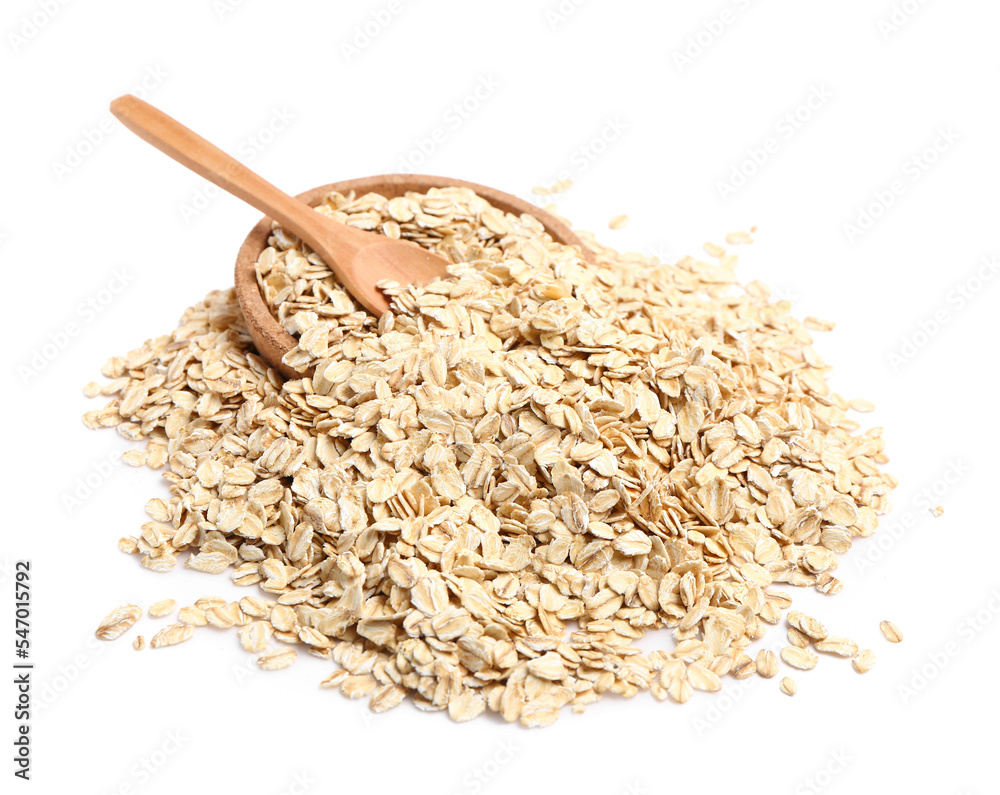 Plate full of raw oatmeal isolated on white background