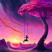 Pink Tree And Sky, Girl Sitting On A Big Swing