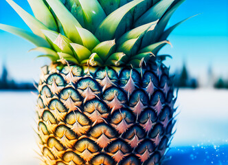  Beautiful and large pineapple well presented in ice or snow, in a design and appetizing style for restaurant. Brings a tropical spirit with a hot and cold opposition. 3D illustration.