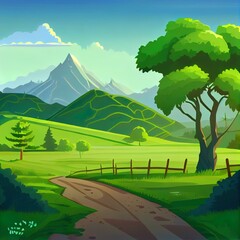 Best Cartoon nature landscape at early morning. Rural dirt road going along green field with deciduous trees and mountains view. Scenery game background, illustration