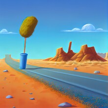 Surralistic Road Self Cleaning From Grabage By Broom In Desert With Blue Sky 3d Illustration