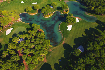 Wall Mural - Green golf course luxury field with lake, aerial top view